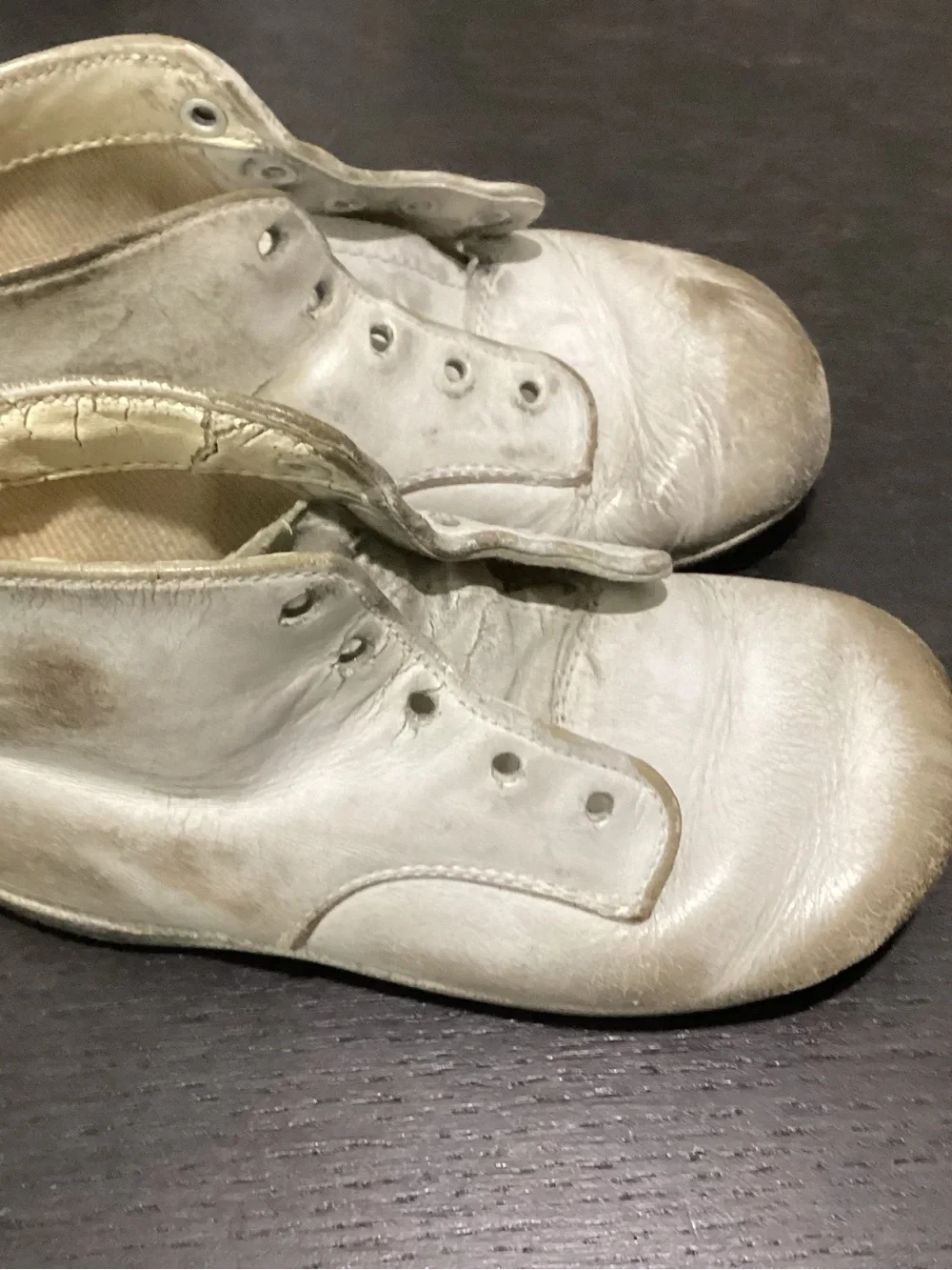 Vtg. Gertrude’s white leather baby shoes, Pro-tea-Tim Crib Shoe. 60-75Yrs old